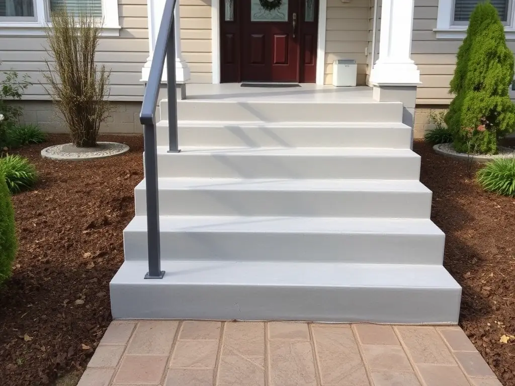 A set of newly constructed concrete stairs leading to a home's entrance, featuring a sturdy design with a smooth, light gray finish and a secure handrail for safety and accessibility.