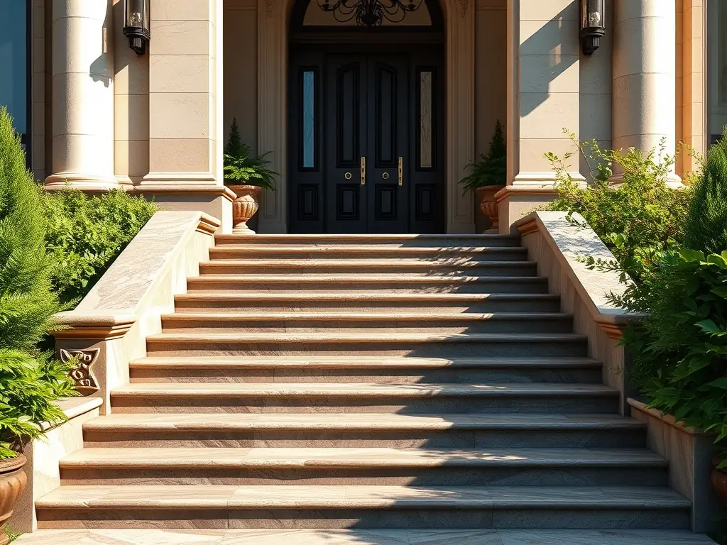 A set of well-constructed concrete stairs leading to a home entrance, demonstrating the safety and aesthetic integration R&J Concrete provides for residential properties.