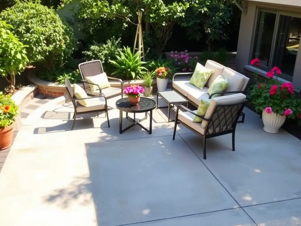 A modern concrete patio with outdoor furniture, illustrating a comfortable and stylish outdoor living space created by R&J Concrete for a residential client.