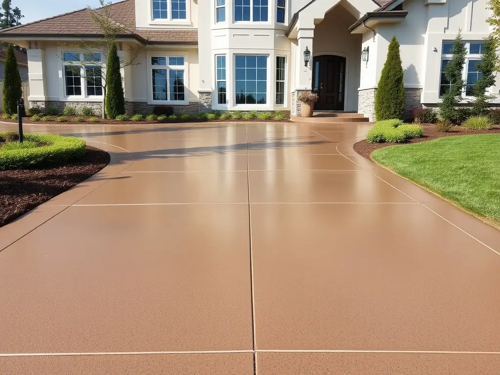 A wide, newly installed concrete driveway leading to a modern home, showcasing a smooth, gray finish with clean, decorative edges and manicured landscaping around it.