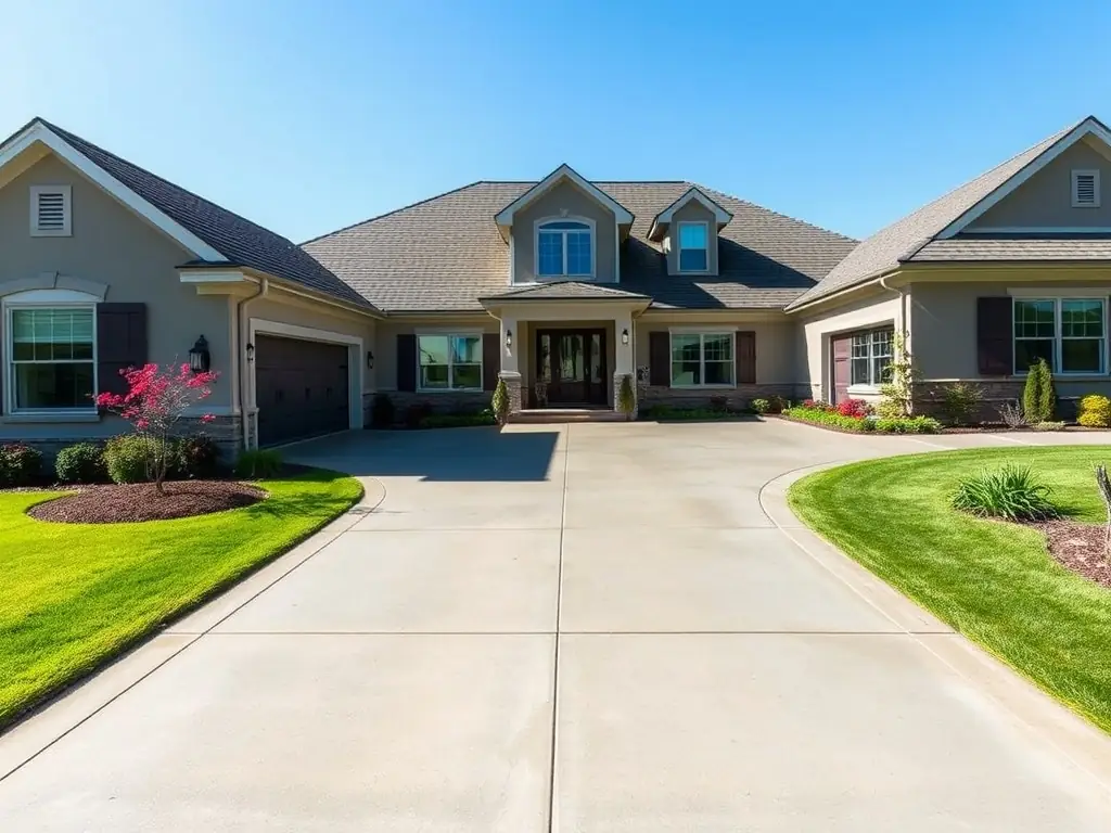 A beautifully installed concrete driveway with a decorative stamped pattern, showcasing the quality and aesthetic appeal R&J Concrete provides for residential properties.