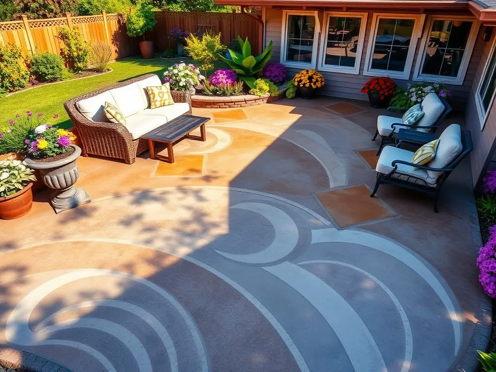 A beautifully designed concrete patio with outdoor furniture, including a table and chairs, surrounded by lush greenery and a well-maintained garden, creating an inviting outdoor living space.